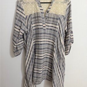 Umgee Navy and Cream Striped Tunic with Lace Detail